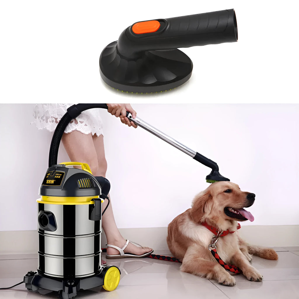 Pet grooming brush vacuum attachment with 32mm diameter, TPE bristles, ABS handle, and 360-degree rotatable head in green and black