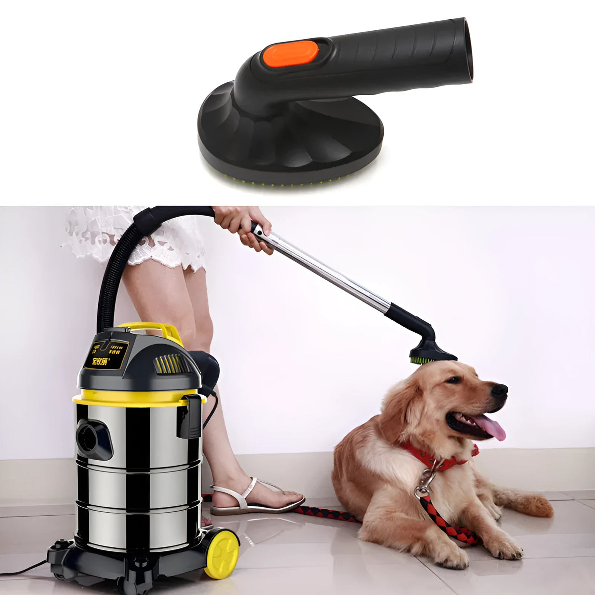 Pet grooming brush vacuum attachment with 32mm diameter, TPE bristles, ABS handle, and 360-degree rotatable head in green and black