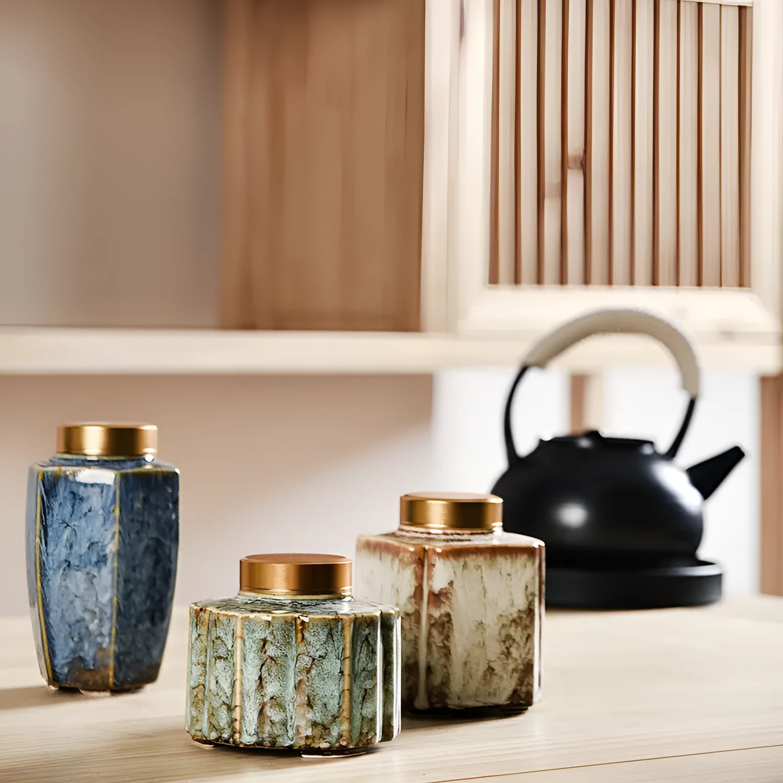Ceramic tea pot storage tank with lotus leaf kiln transmutation glaze in celadon colour
