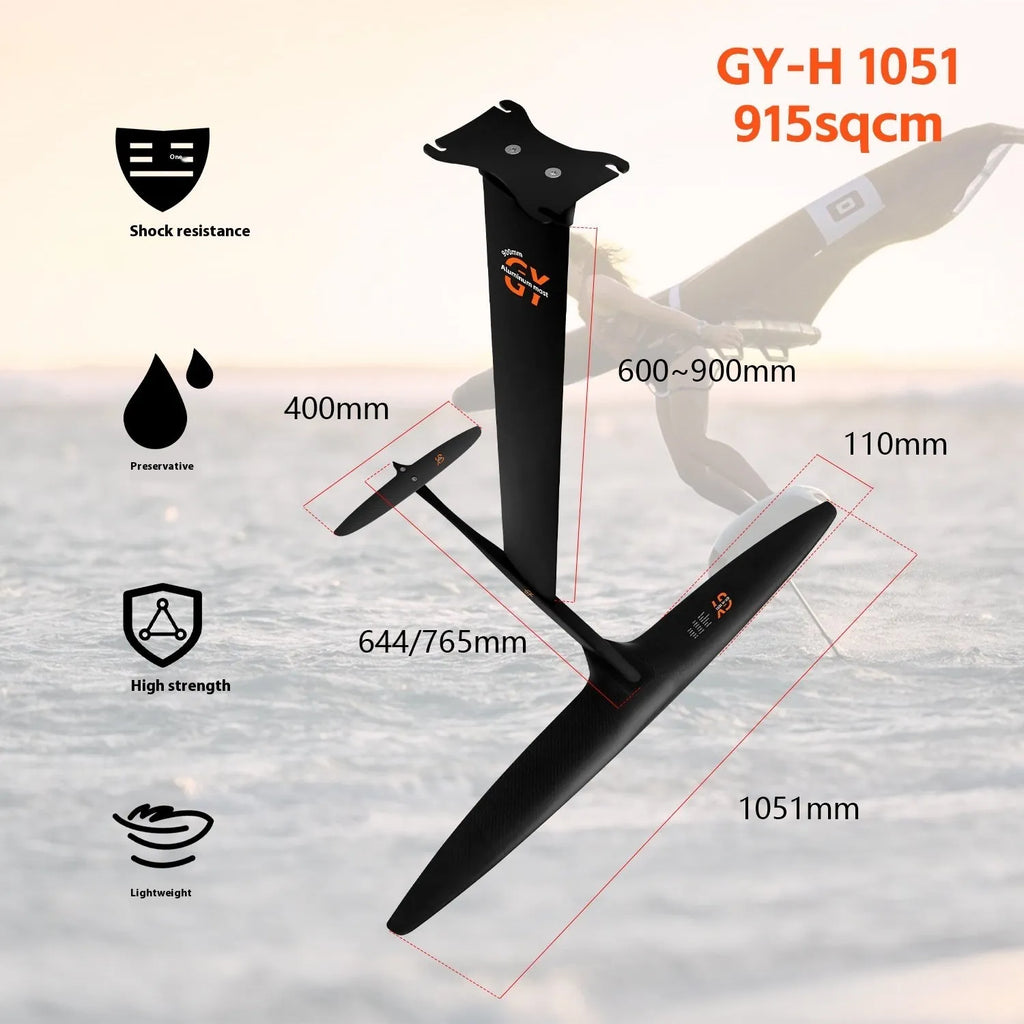 Black carbon fibre racing surf hydrofoil with aluminium alloy mast and 1051mm front wing