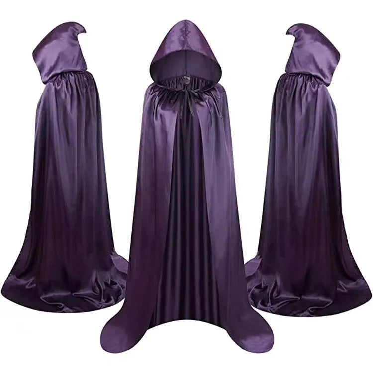 Black satin hooded cloak for children's Halloween wizard or vampire costumes