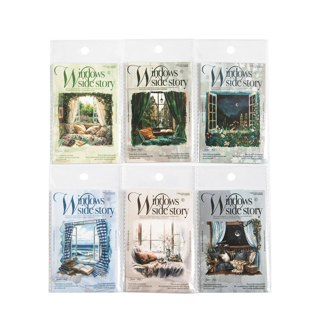 Window Story Series retro journal decorative stickers showing six window scene colour themes
