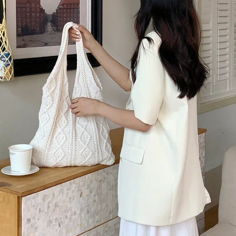 Retro style hollow-knitted polyester shoulder tote bag with double straps in a solid colour
