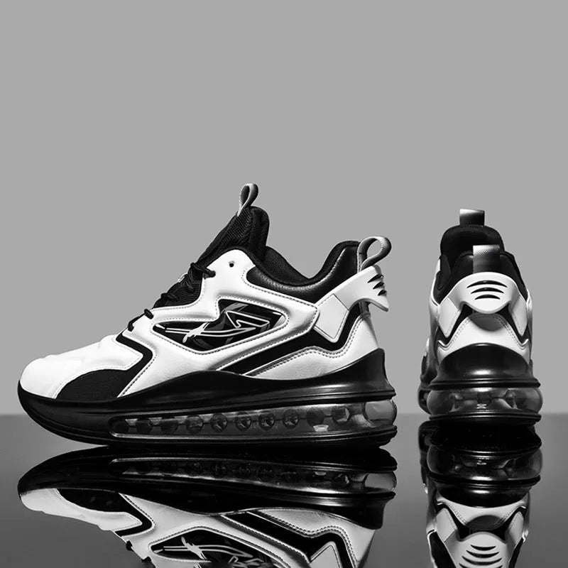 Men's colour-matching lace-up air cushion sneakers with thick sole, microfiber upper, and PU sole in black, green, and white