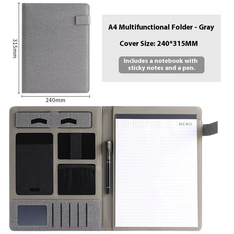 Leather A4 business folder in black, 325x250mm, with notepad and pen slots