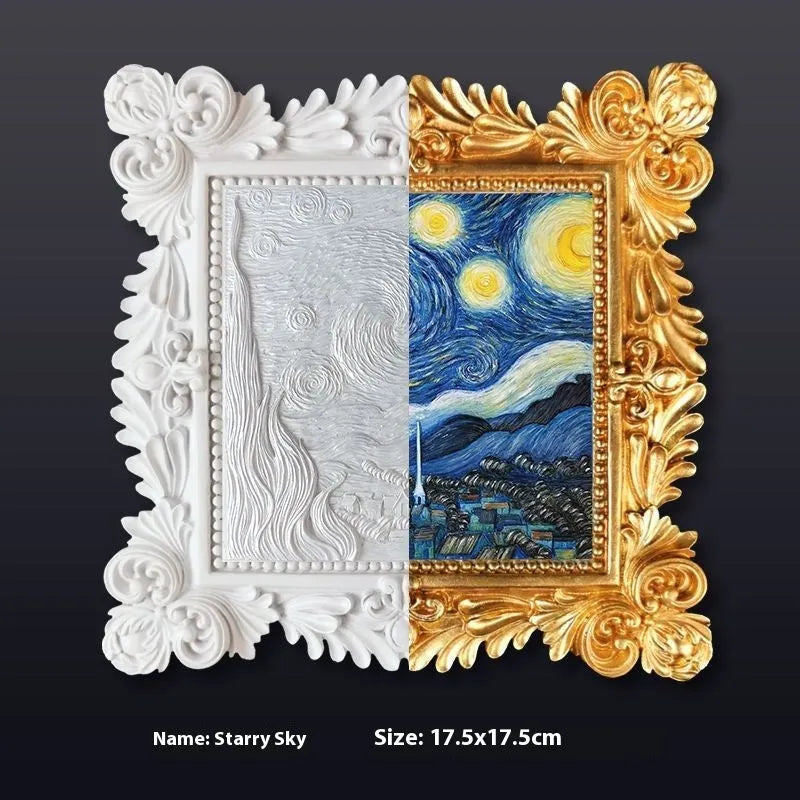 DIY paint-by-numbers kit showing canvas, acrylic paint pots, and brushes for recreating Van Gogh's Starry Night.
