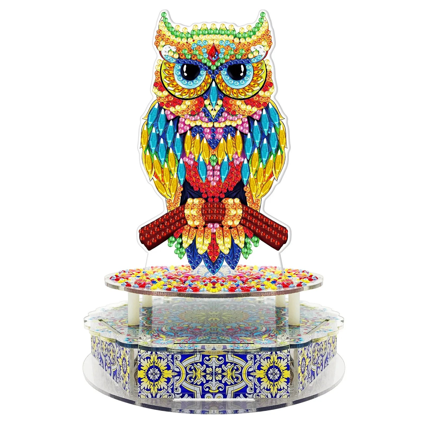DIY diamond painting music box craft kit components including PVC plates, music movement, and LED string lights