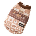 Quilted two-legged pet vest with leash ring in brown bear print or geometric red-green, sizes XS-XXL.