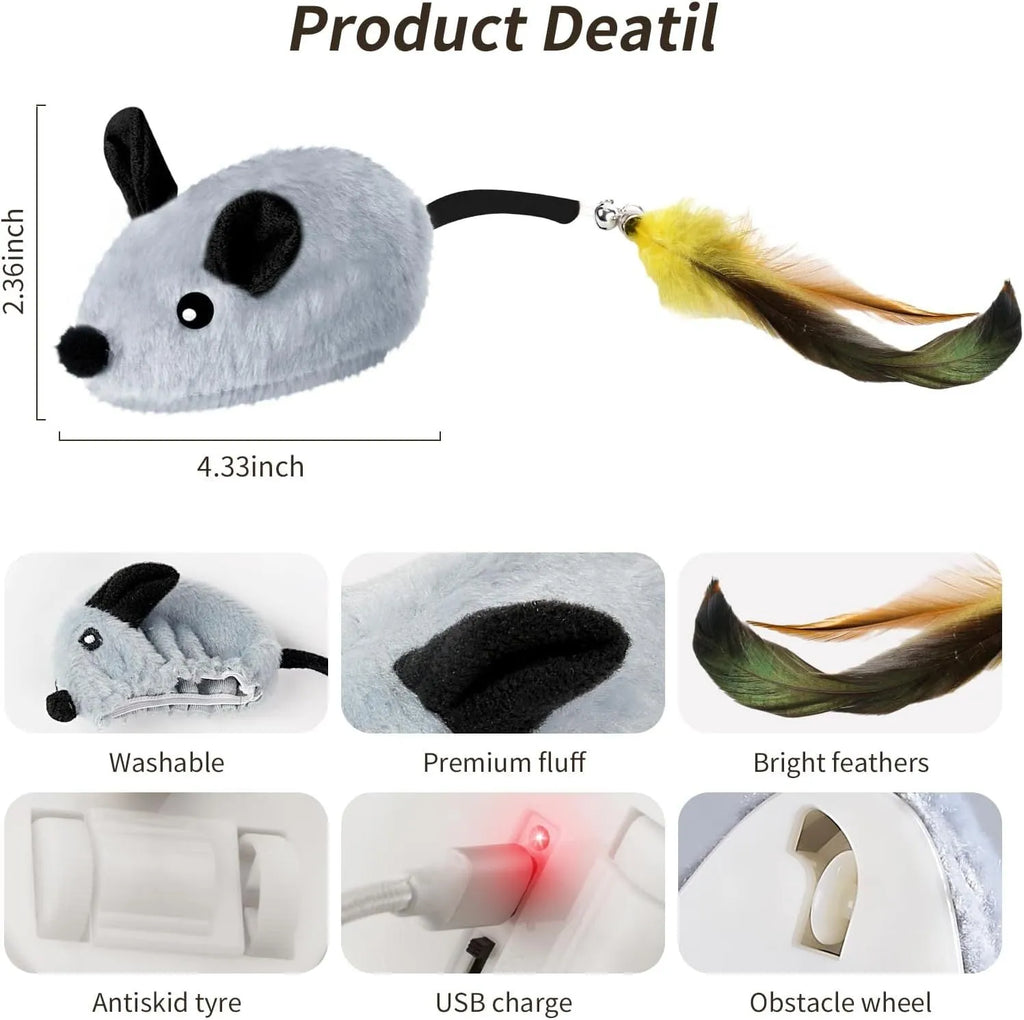 Grey and yellow interactive cat toy mouse with feather tail and LED lights on floor