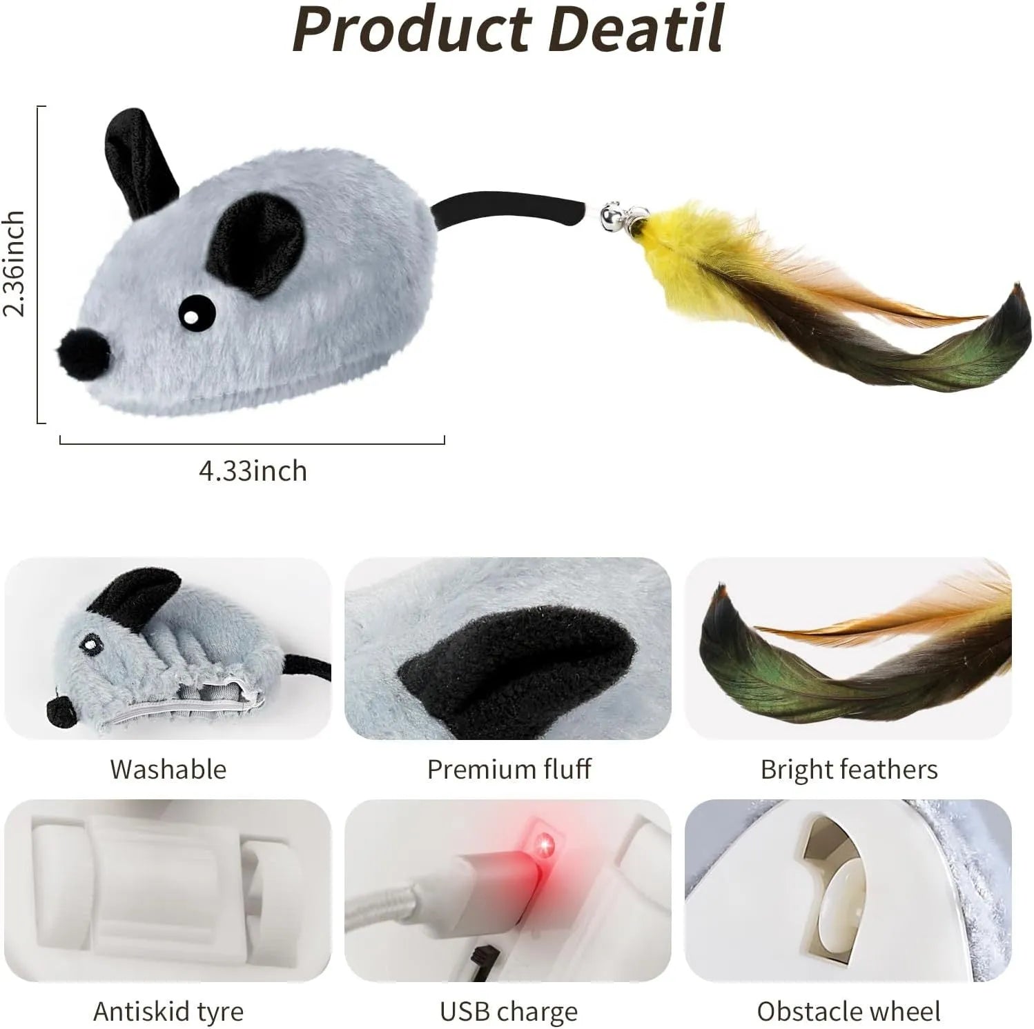 Grey and yellow interactive cat toy mouse with feather tail and LED lights on floor