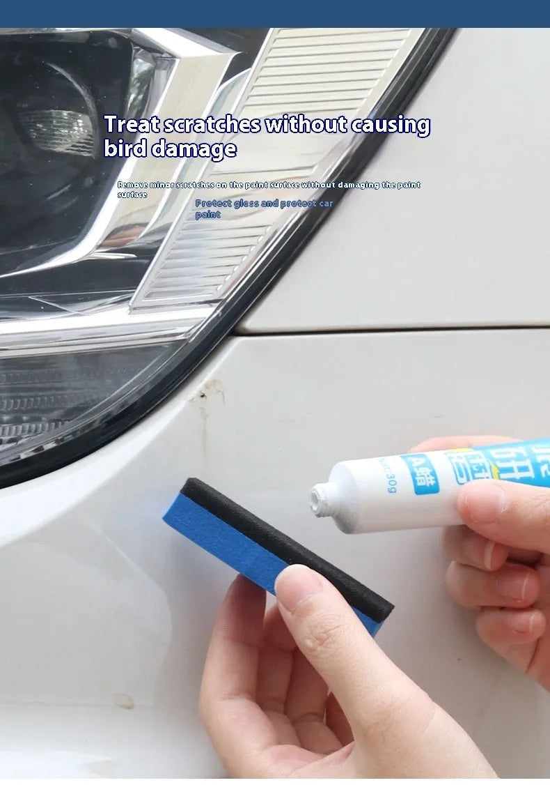 Car repair wax kit showing Scratch Removal A Wax, Brightening B Wax, and a frosted sponge mop for paint correction.