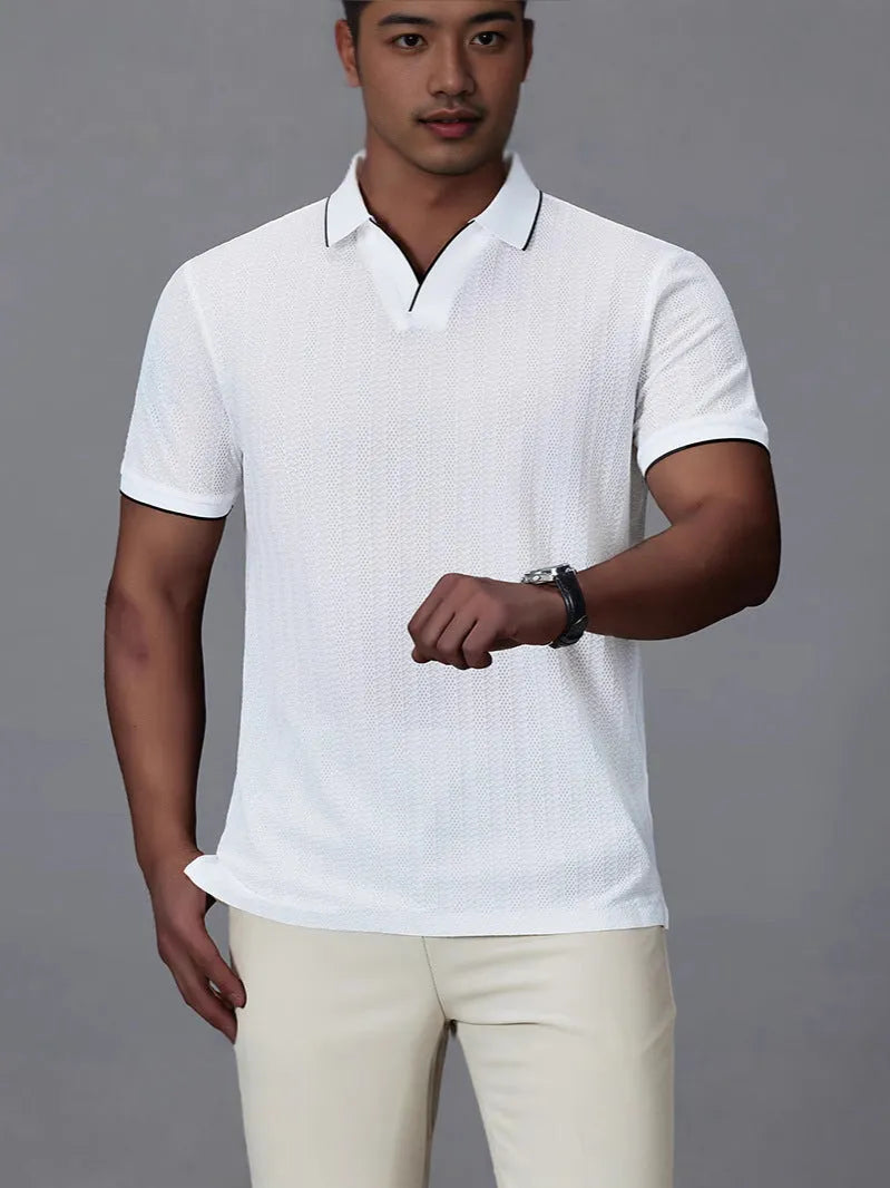Men's short-sleeved loose fit polo shirt in ice silk nylon, shown in black, orange, and white.