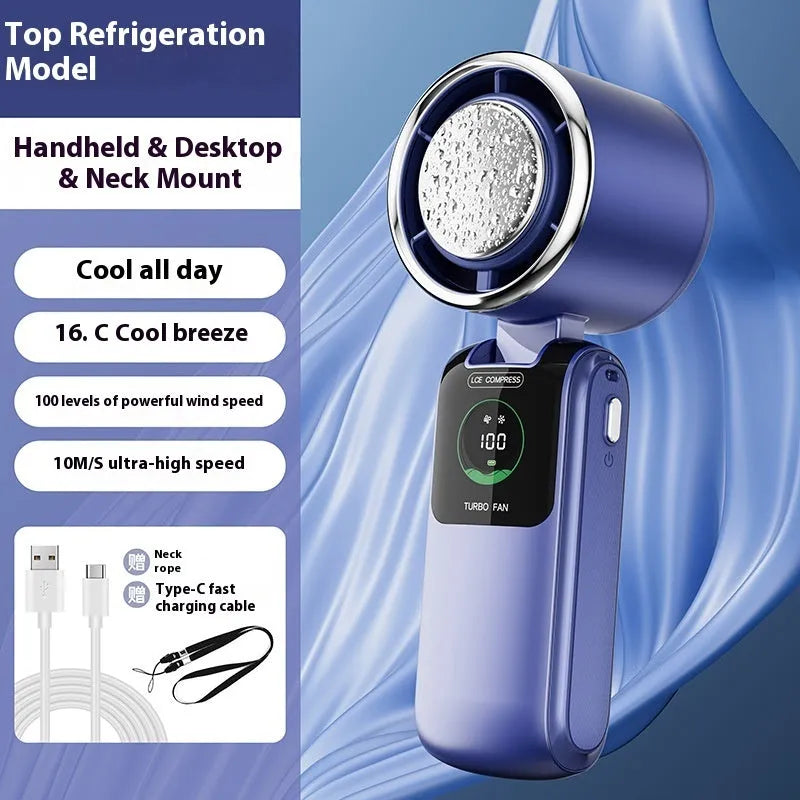 Handheld electric fan with neck strap shown in blue colour, featuring a folding design and USB port.