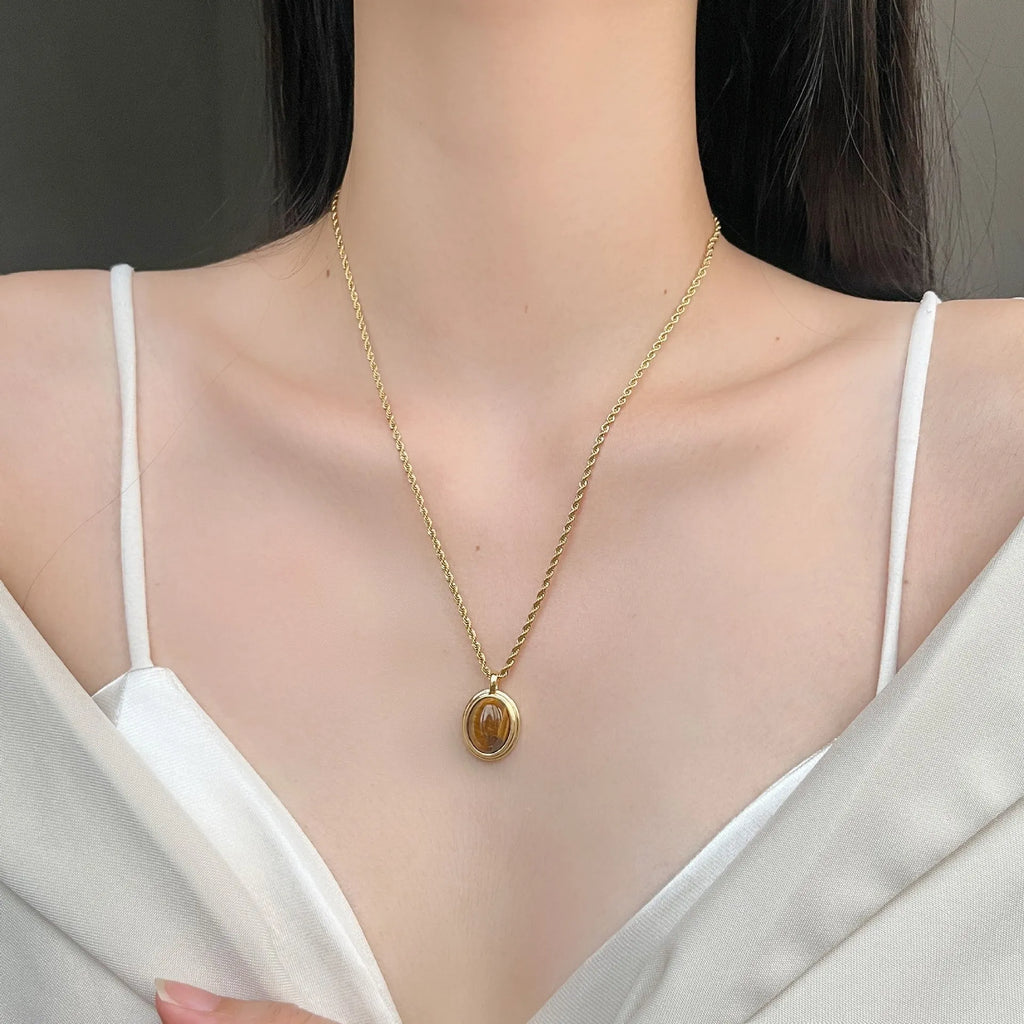 Natural tigereye titanium steel necklace with geometric pendant on regular chain