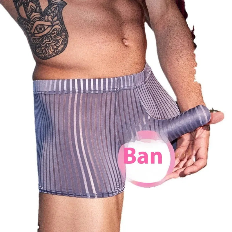 Men's black vertical stripe nylon boxer briefs laid flat, showing elasticated waistband and leg openings.