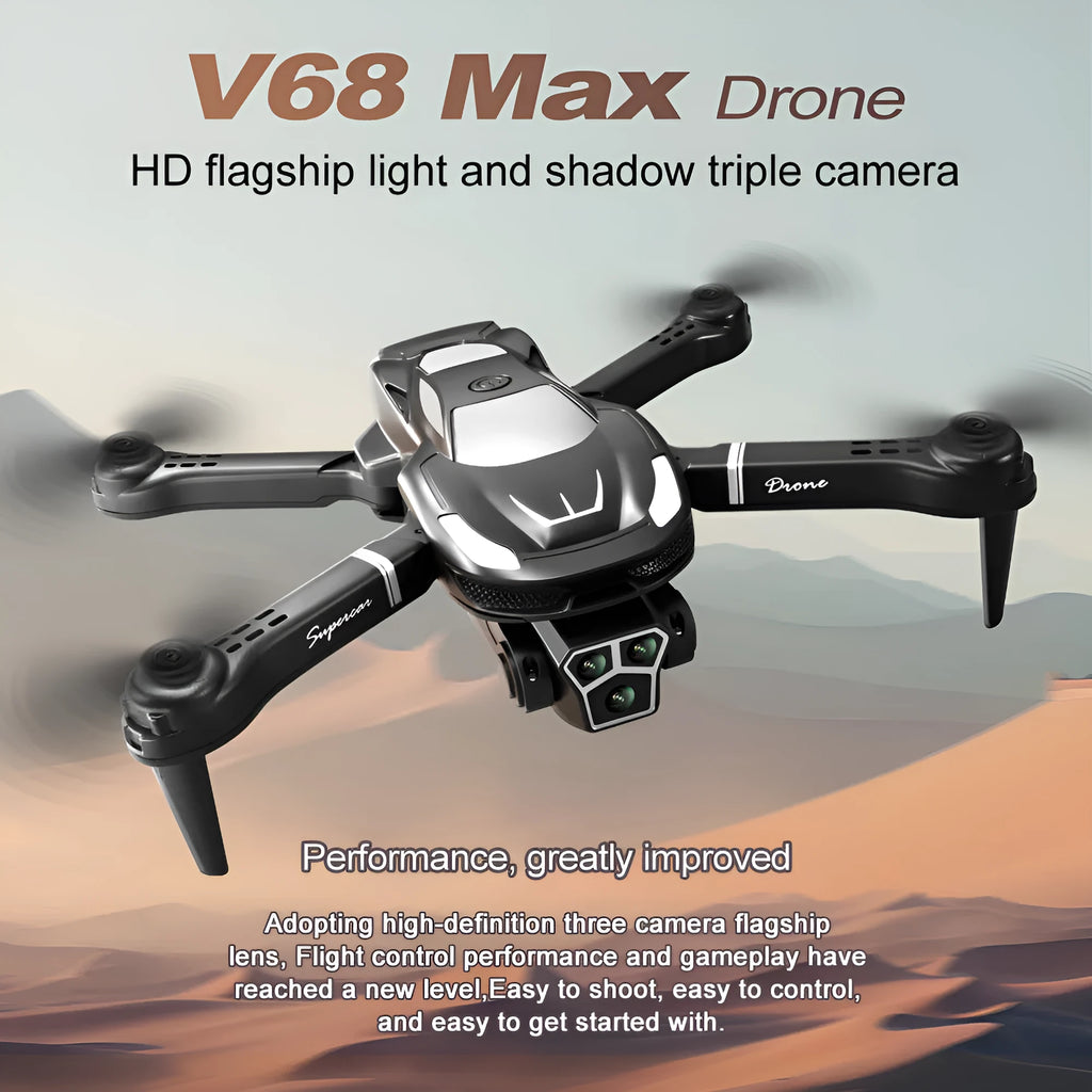 Black aerial photography drone with three cameras and HD remote control on display