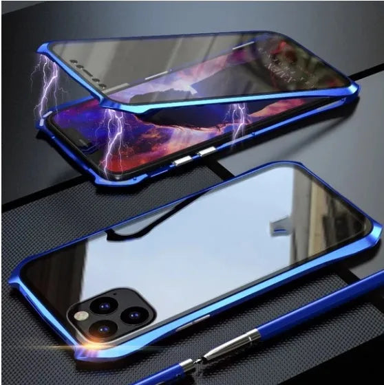 Black metal protective back cover for an iPhone 11 Pro Max mobile phone.