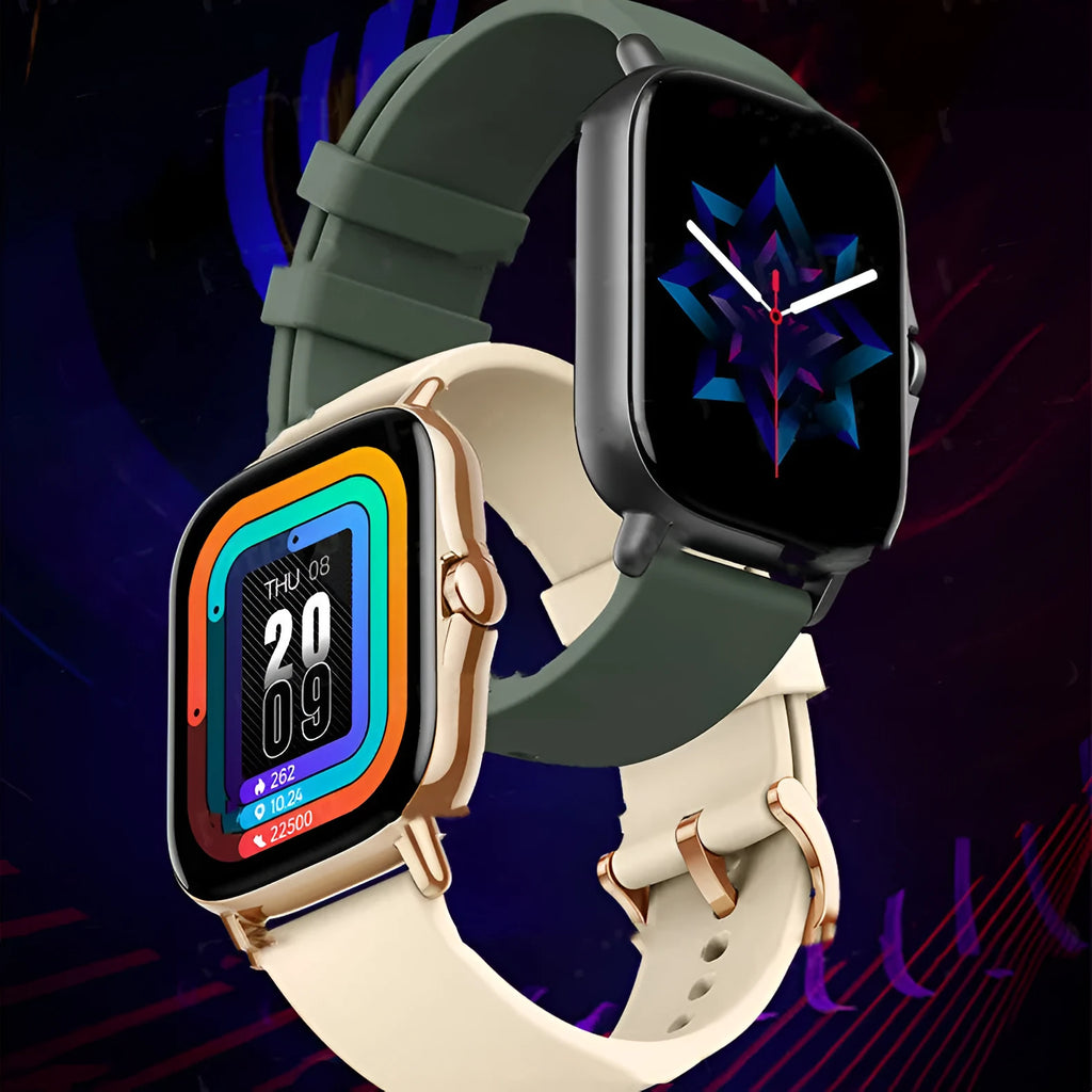 GT20 smartwatch in black on wrist showing heart rate monitoring on screen
