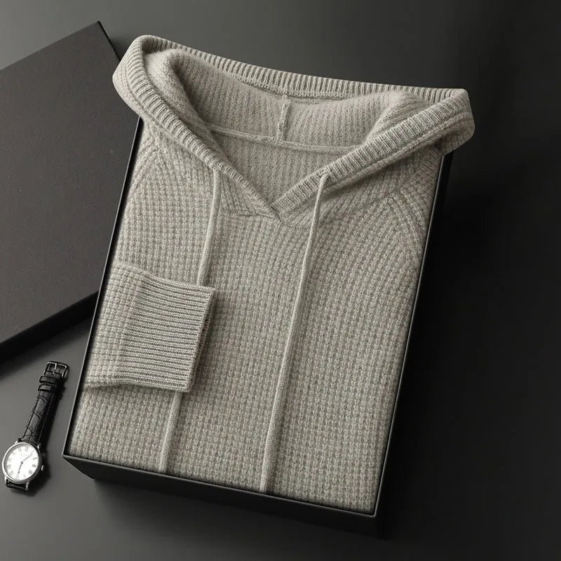 Hooded cashmere sweater in camel, grey-green or navy blue, loose thickened winter pullover with long sleeves, sizes S to XXXL.