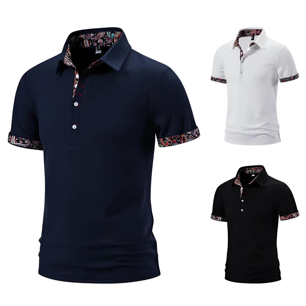 Men's navy blue polo shirt with turnover collar and contrast colour stitching on short sleeves.