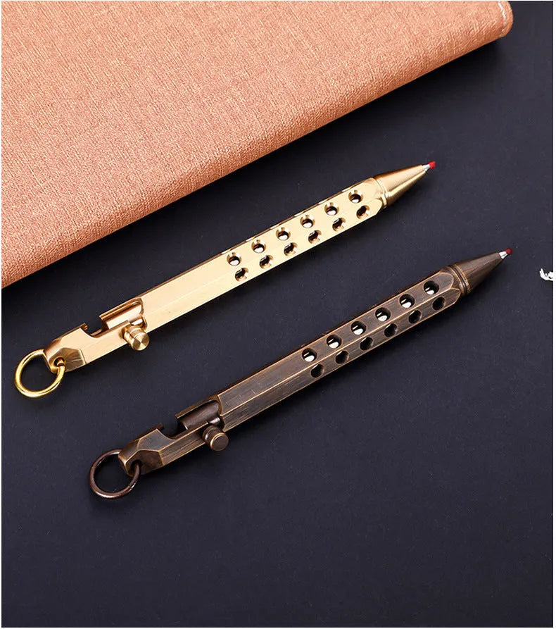 Solid brass hexagonal bolt roller pen with a 0.5mm tip shown in natural brass colour.