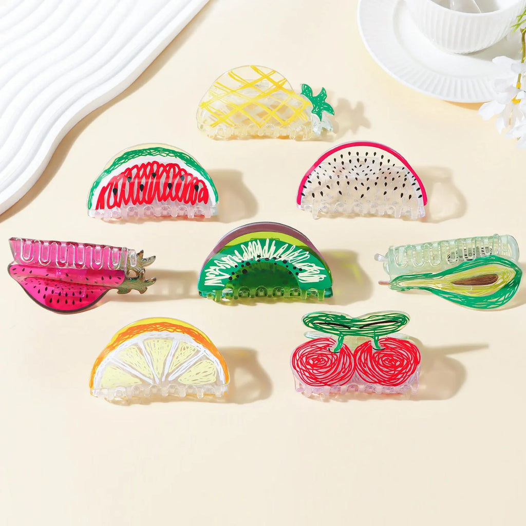 Transparent PVC hair clip with fruit design in asymmetric shape, available in 12 colour options A28