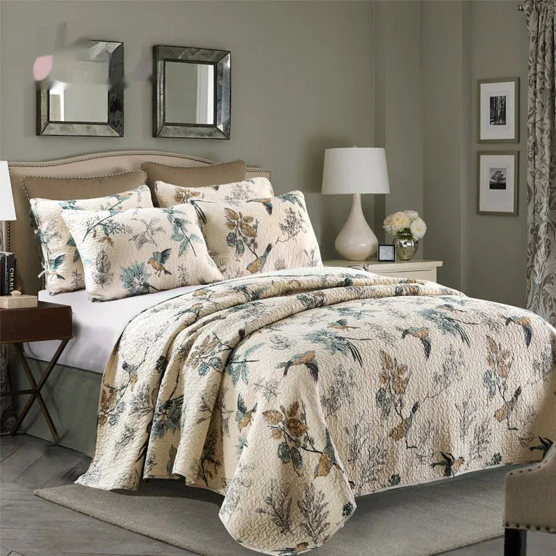 Quilted pure cotton bed cover and pillowcase set in a checked pattern on a double bed.