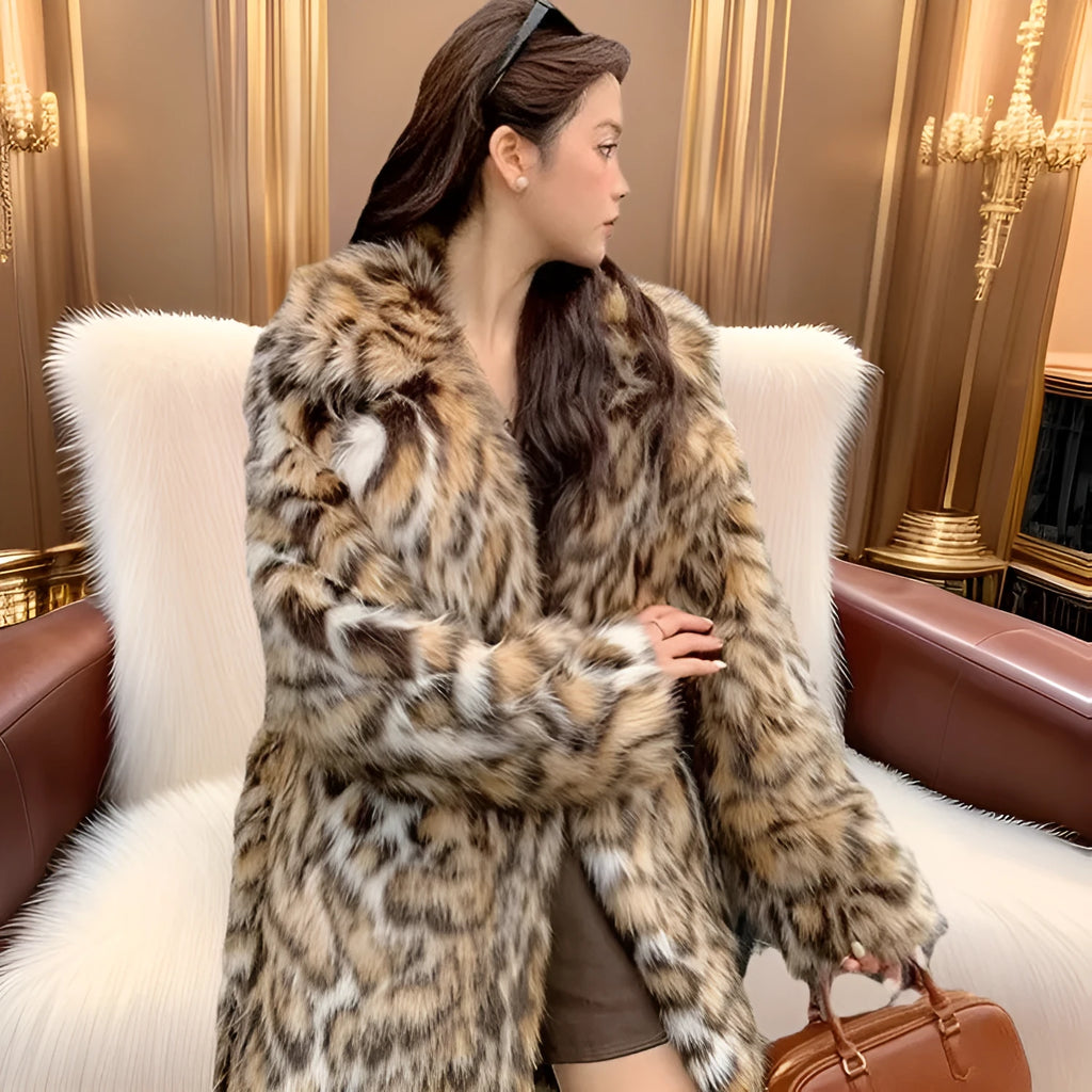 A long faux fur coat with a fox fur-style collar, shown in a street fashion context.