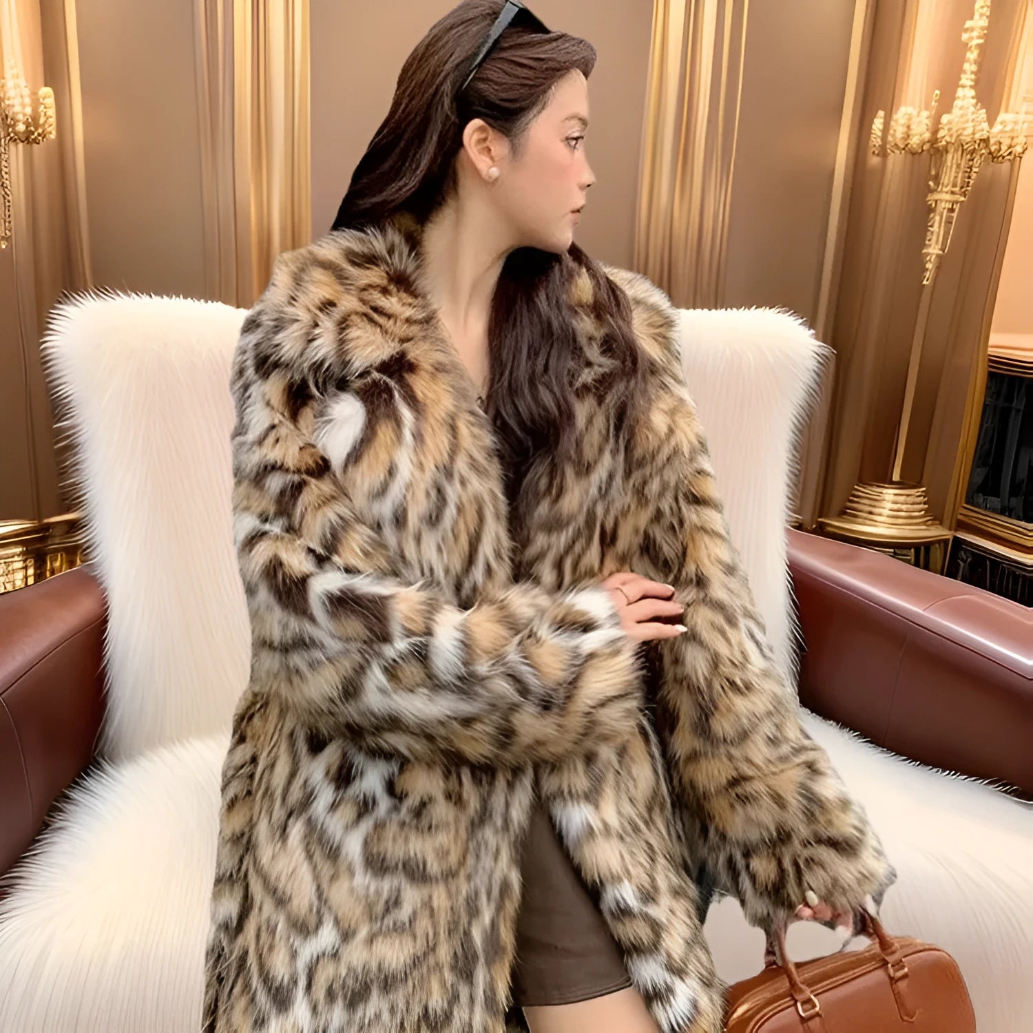 A long faux fur coat with a fox fur-style collar, shown in a street fashion context.