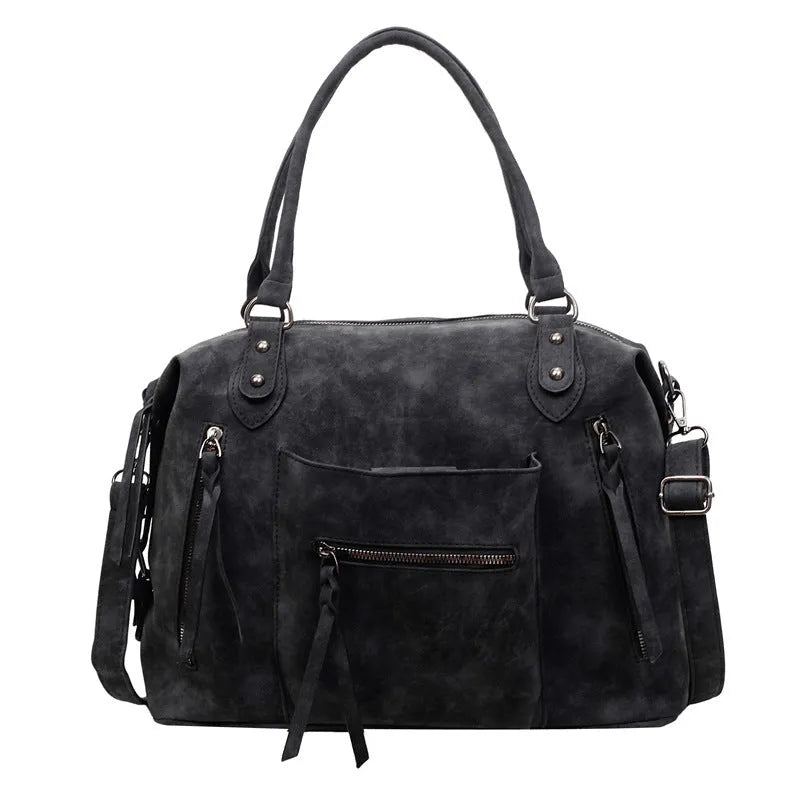 Retro textured women's large-capacity PU messenger bag in black with stitching detail, 36x25x13cm