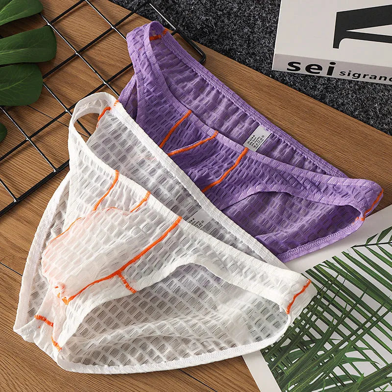 Men's low waist briefs in ice silk lace fabric on a solid background, showing the sports design.