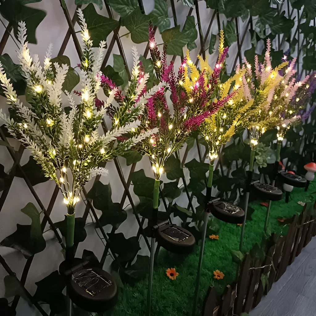 74cm tall solar-powered lavender flower LED floor lamp for outdoor garden decoration.