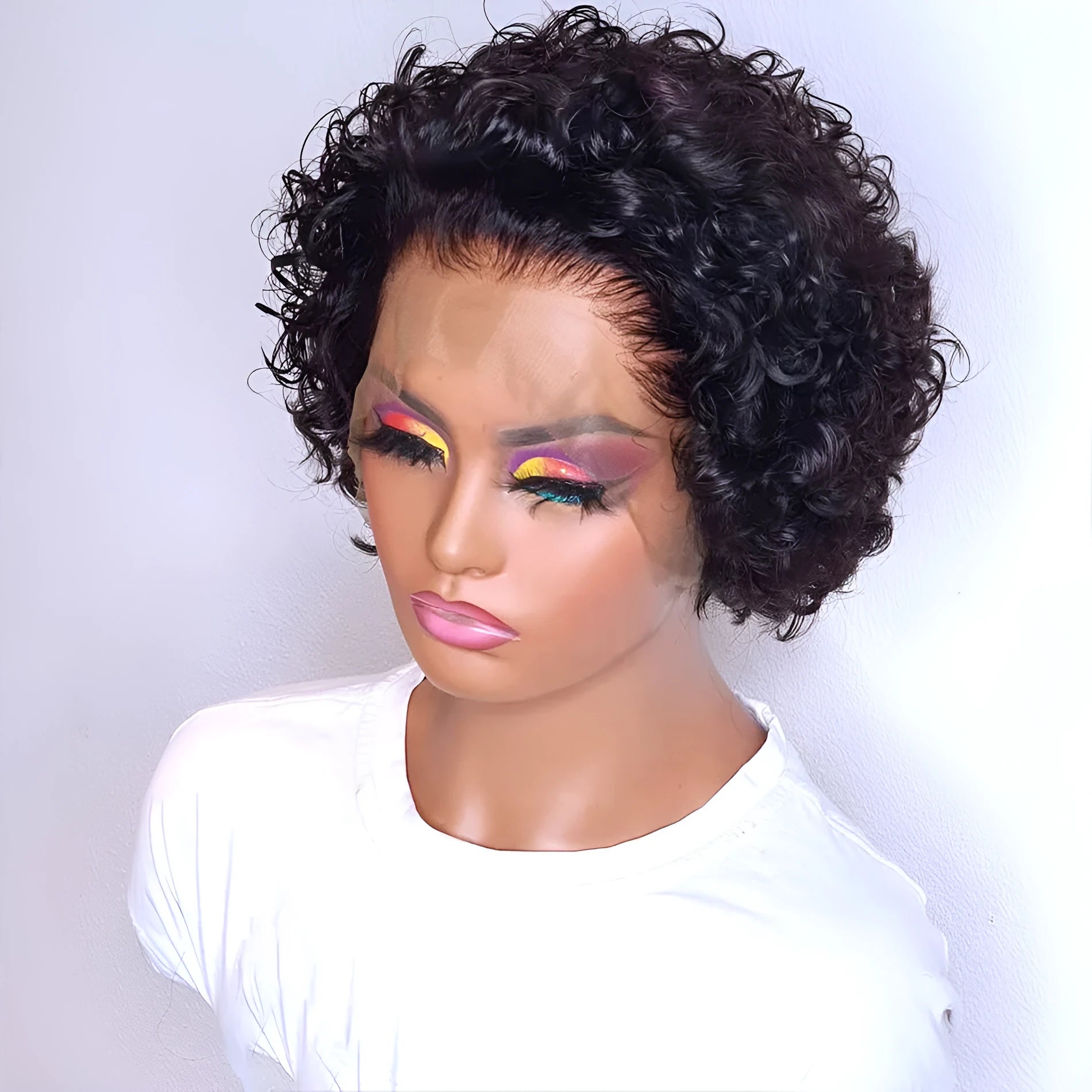 Black lace front pixie cut wig made from 100% human hair in dark brown colour 13x1 on a mannequin head
