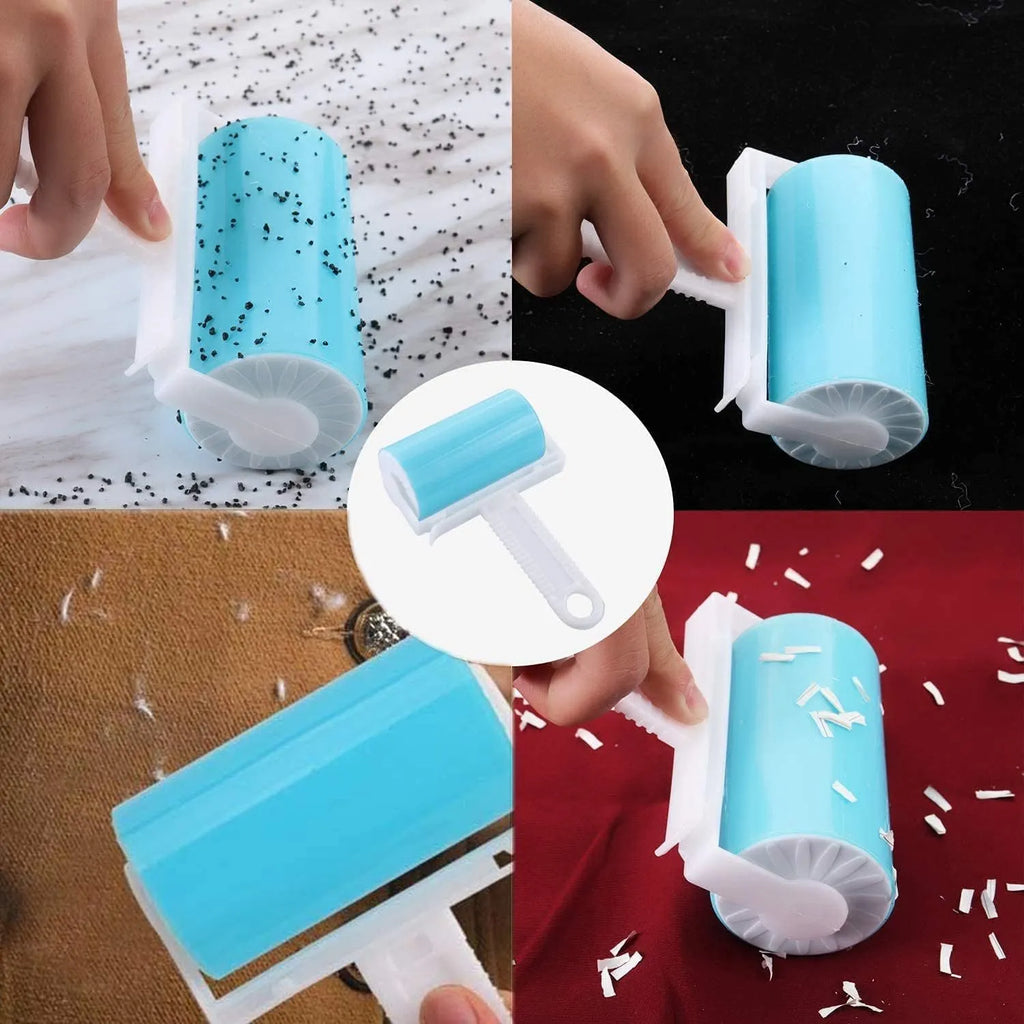 Washable reusable lint roller with protective cover for pet hair removal in blue, green, pink or yellow