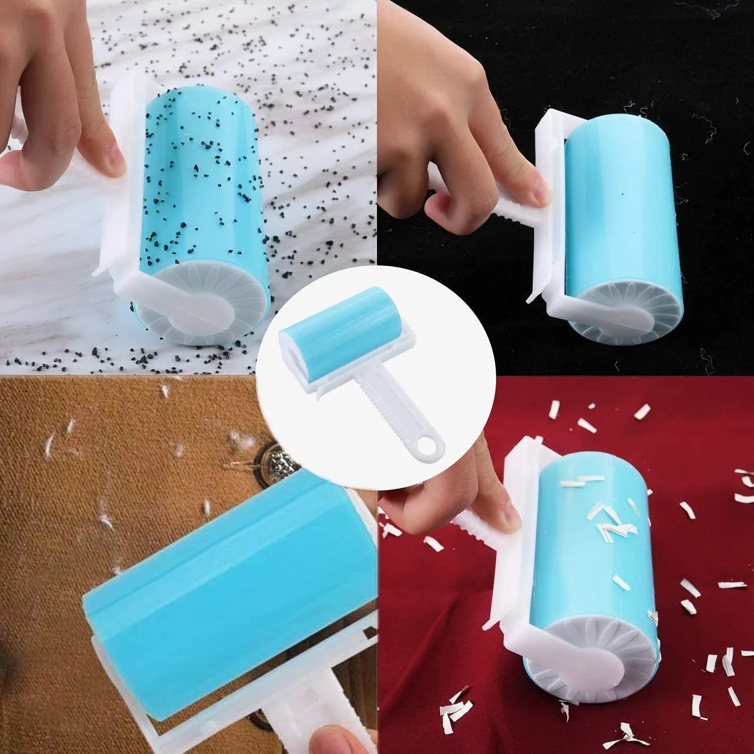 Washable reusable lint roller with protective cover for pet hair removal in blue, green, pink or yellow