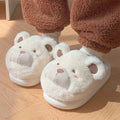 Cartoon-patterned plush suede baotou slippers for women in khaki colour with round toe.