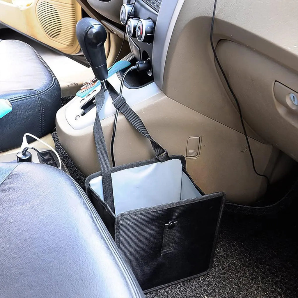 Black car folding trash can with hanging straps and 22L capacity