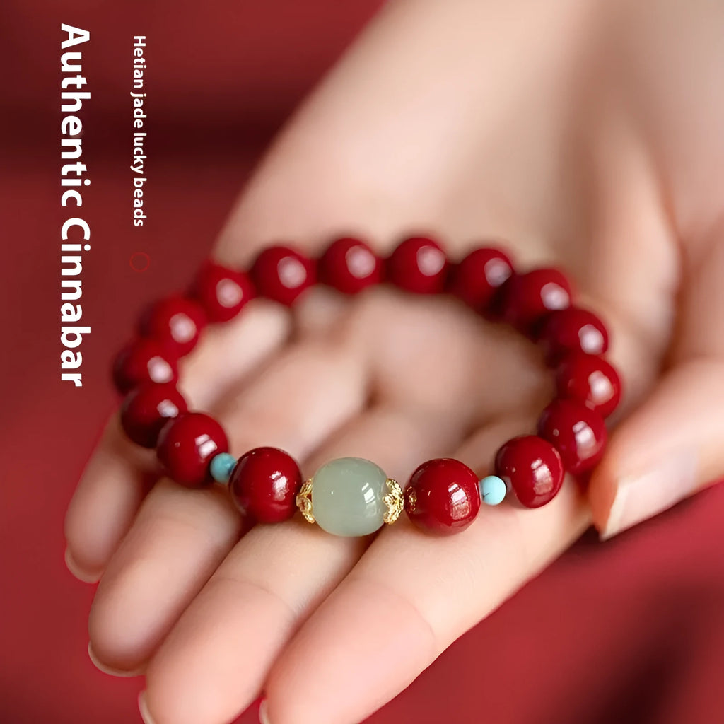 Purple gold sand cinnabar Hetian jade bracelet with geometric ellipse beads in 6mm, 8mm, or 10mm sizes.