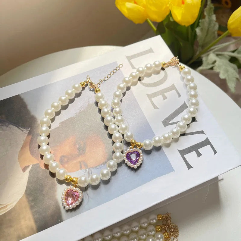 Retro love crystal pendant pet necklace with imitation pearl beads on a cat, available in multiple colours and sizes S, M, L