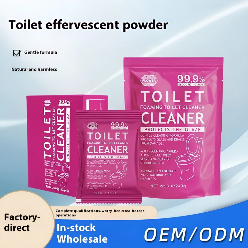 Box and bag of toilet bubble powder descaler cleaner in blue and pink fragrance options.