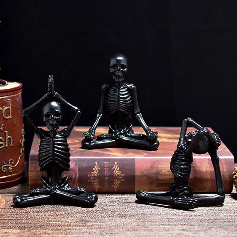 Detailed yoga skull skeleton model resin desktop ornament in black or white.