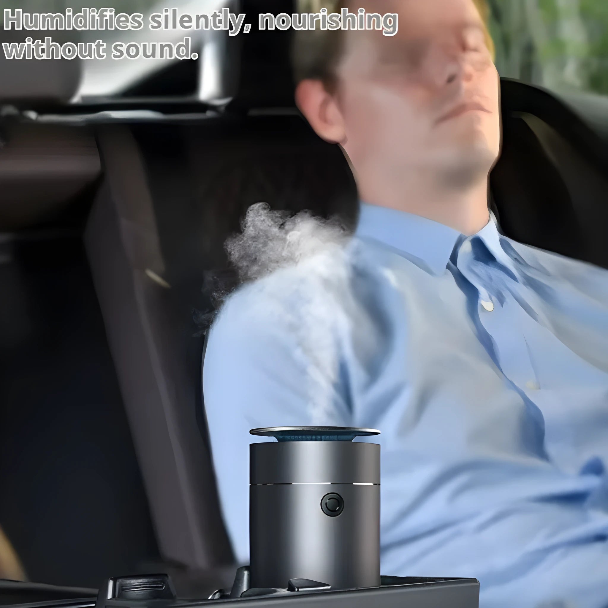 Mini car heavy fog aromatherapy humidifier in dark grey column shape with USB cable