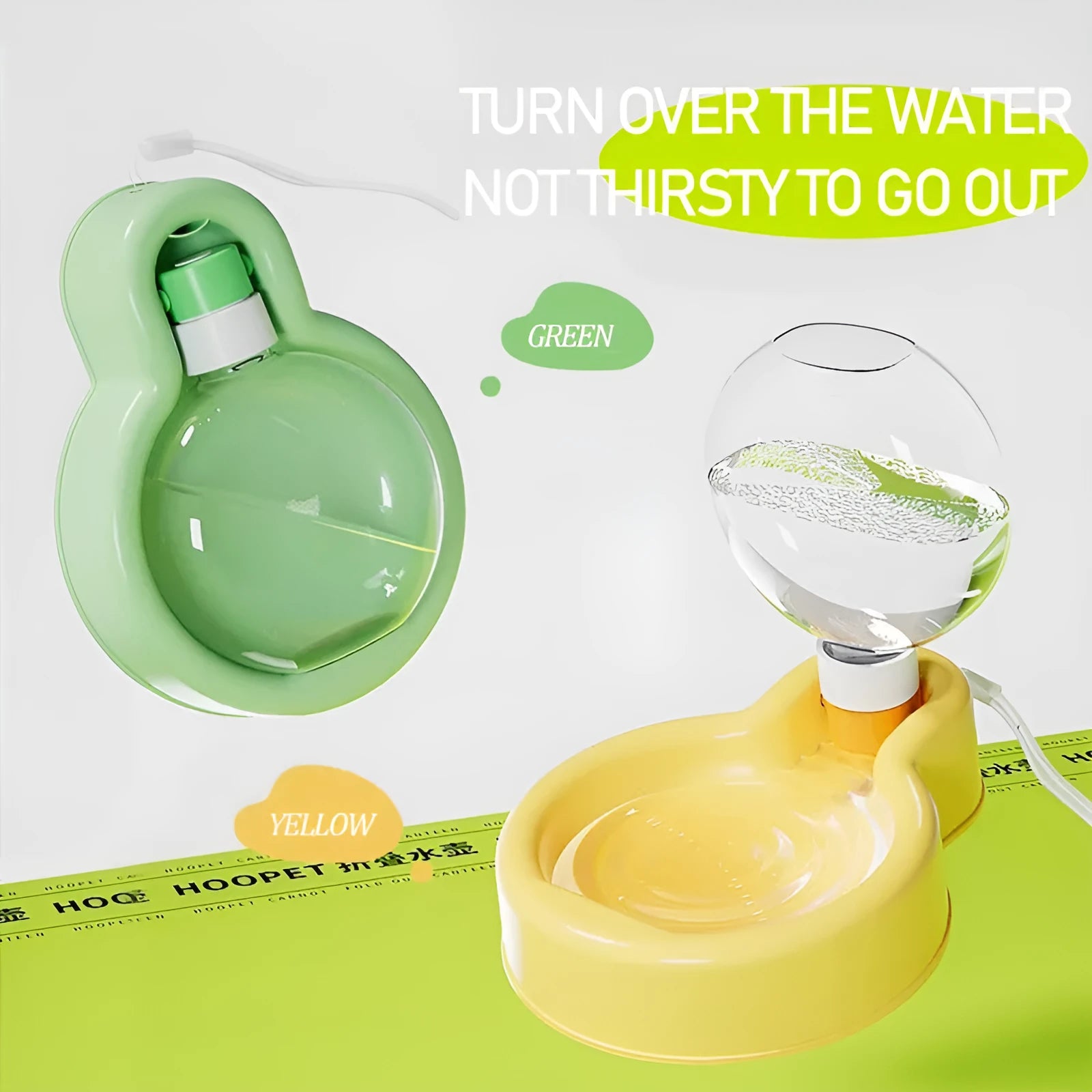 Green portable dog water bottle with pull-out drinking bowl, shown next to a dog.