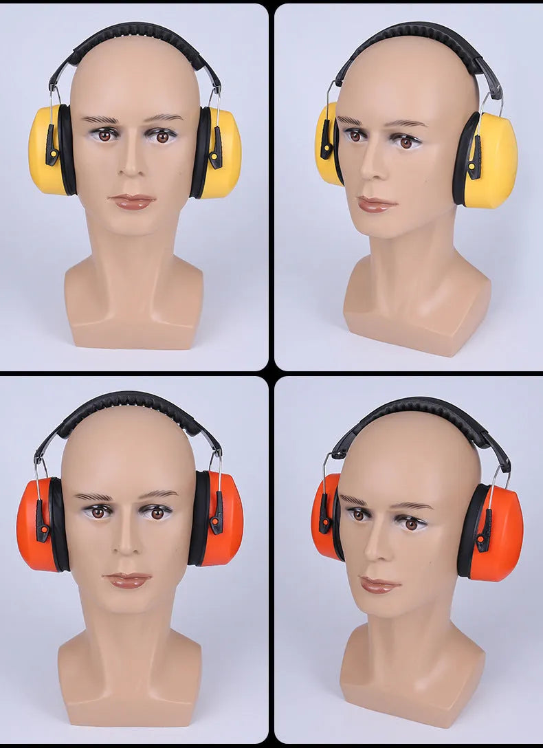 Orange adjustable noise-cancelling headphones with large protective earmuffs on a grey background.
