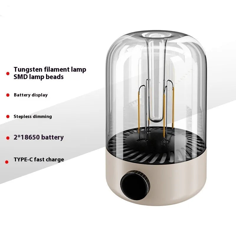 Beige and black camping ambience light with control knob and USB port for outdoor lighting