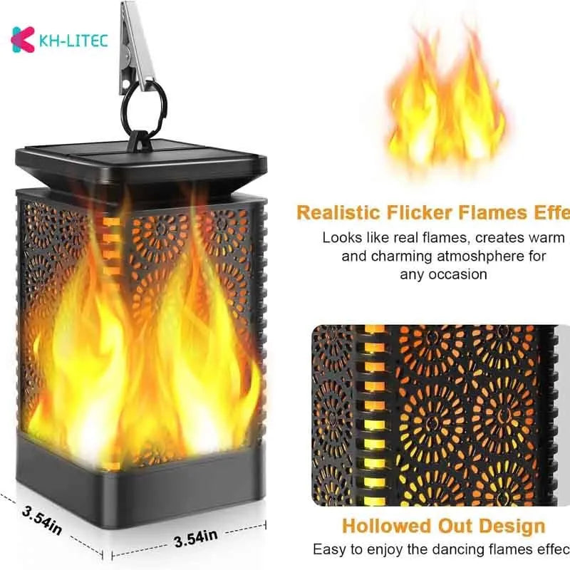 Set of four black solar-powered garden lanterns with flickering flame LED lights.