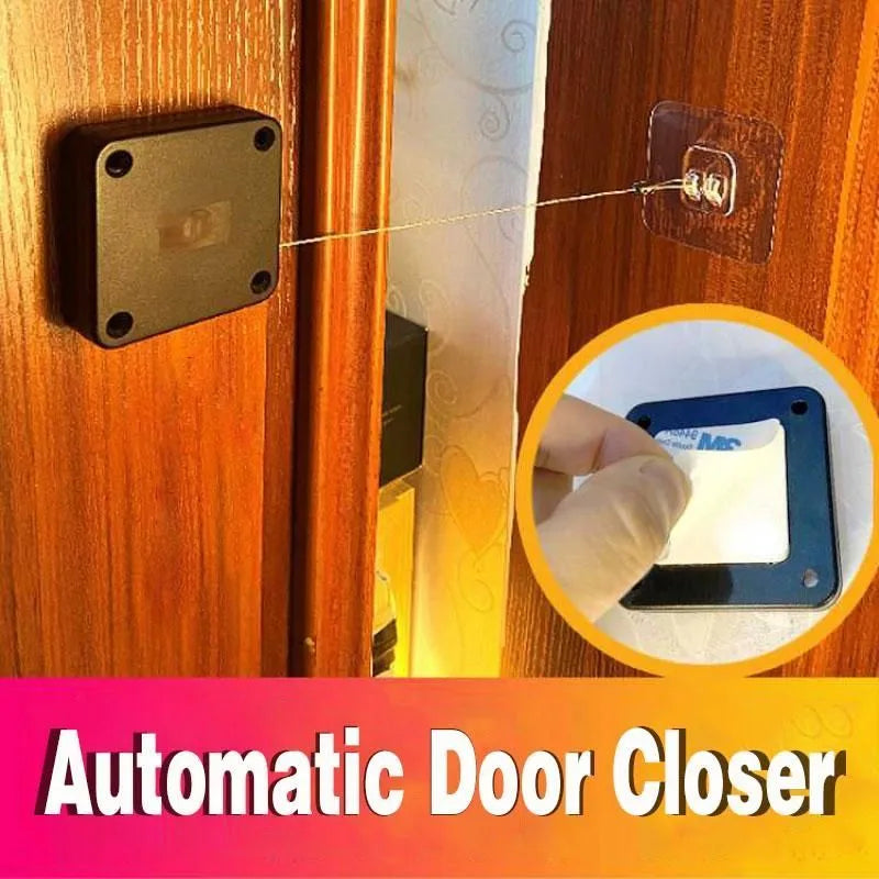 White automatic door closer with adhesive mount and tension adjuster for no-drill installation on doors.