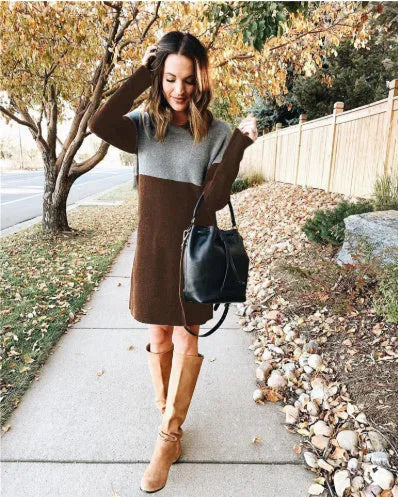Brown women's polar fleece cotton dress with patchwork skirt, round neck, and long sleeves in retro art style