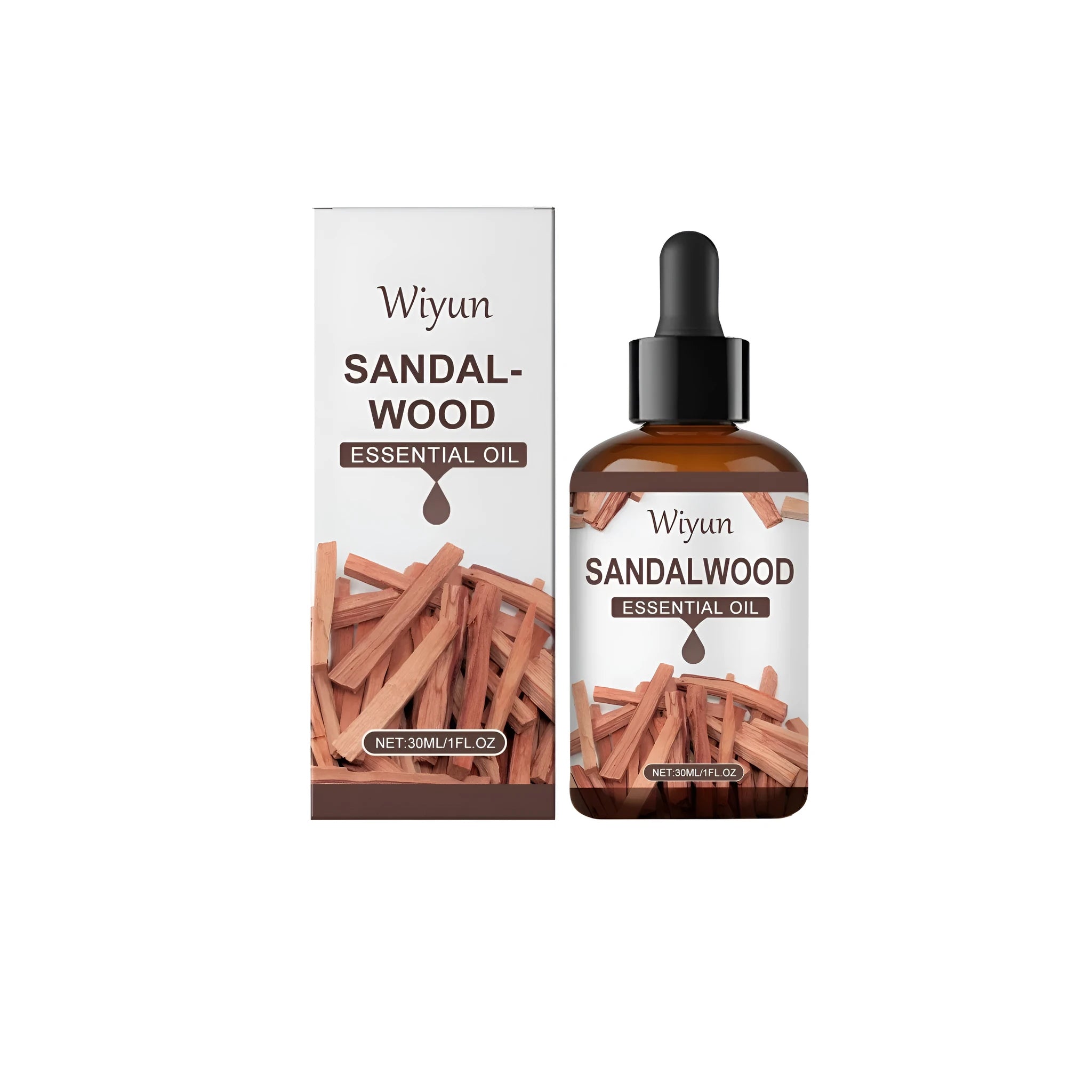 30ml glass bottle of sandalwood essential oil with a fragrance formula