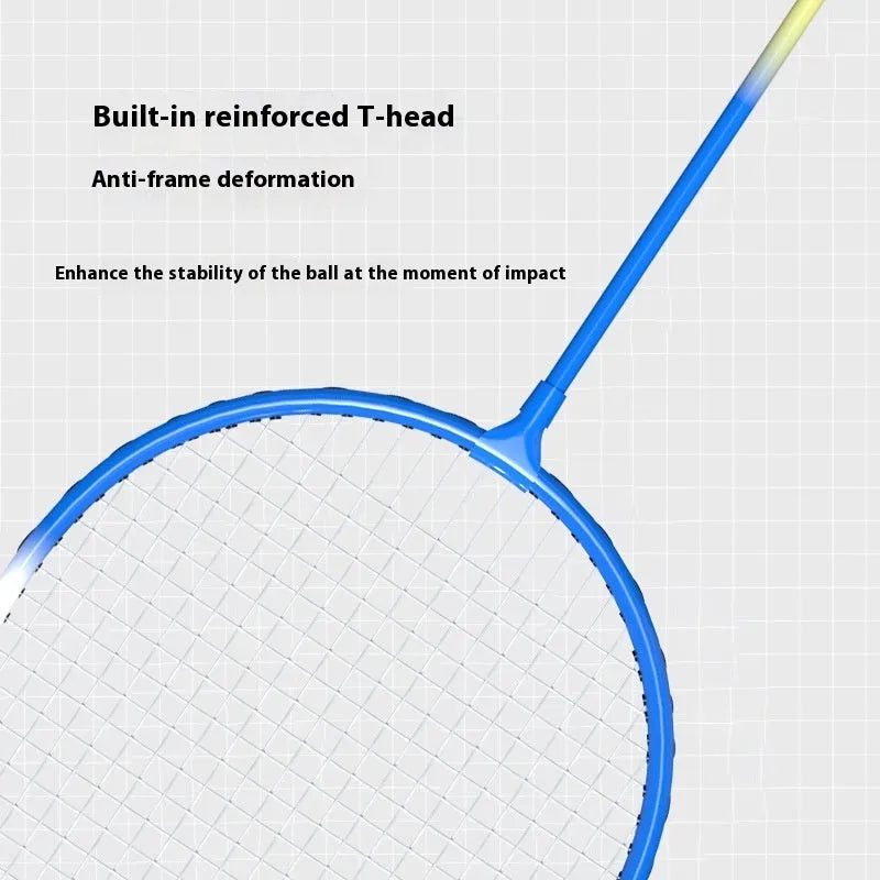 Pair of blue and red alloy badminton rackets with split body design on a court.